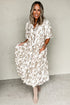 Khaki Floral Puff Sleeve V Neck Buttoned Front Maxi Dress